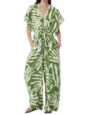 Women’s Green Ivory Tropical Print Kimono Sleeve Wide-Leg Jumpsuit NEW